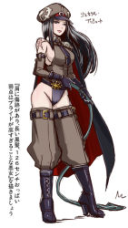 Rule 34 | 1girl, bare shoulders, black hair, breasts, butcha-u, cape, female focus, hat, large breasts, long hair, looking at viewer, military, military uniform, necktie, pushut, scar, sideboob, simple background, solo, uniform, whip, white background