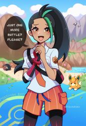 Rule 34 | 1girl, 4others, black hair, blue sky, blush, breasts, creatures (company), dark skin, eyelashes, fingerless gloves, fletchling, freckles, game freak, gen 6 pokemon, gloves, green hair, grin, hands up, highres, lechonk, long hair, looking at another, looking at viewer, medium breasts, multicolored hair, multiple others, necktie, nemona (pokemon), nintendo, open mouth, orange eyes, own hands together, pawmi, pokemon, pokemon sv, purple necktie, shirt, short sleeves, signature, single glove, sky, smile, sparkle, streaked hair, touyarokii, twitter username, upper body, very long hair, wide hips