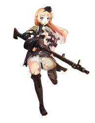 Rule 34 | 1girl, belt, blonde hair, blue eyes, blush stickers, boots, coat, double-drum magazine, drum magazine, eyebrows, finger on trigger, full body, garrison cap, general-purpose machine gun, girls&#039; frontline, gun, hairband, hat, high-capacity magazine, highres, holding, holding gun, holding weapon, long hair, machine gun, magazine (weapon), mg34 (girls&#039; frontline), mg 34, military, military uniform, neckerchief, official art, open mouth, panties, personification, saddle-drum, solo, standing, standing on one leg, tears, thigh boots, thighhighs, torn clothes, transparent background, underwear, uniform, weapon