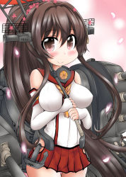 Rule 34 | 10s, 1girl, anchor, brown eyes, brown hair, cannon, cherry blossoms, cowboy shot, detached sleeves, headgear, hip vent, kantai collection, long hair, looking at viewer, machinery, miniskirt, oil-paper umbrella, ouno (nounai disintegration), pleated skirt, ponytail, red skirt, skirt, smile, solo, turret, umbrella, very long hair, yamato (kancolle)
