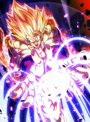 Rule 34 | 1boy, absurdres, aura, baggy pants, biceps, black wristband, blonde hair, commentary request, debris, dragon ball, dragonball z, energy, gogeta, highres, looking at viewer, male focus, metamoran vest, muscular, muscular male, open clothes, open mouth, open vest, outstretched arms, pants, rock, sekitsuki hayato, solo, spiked hair, super saiyan, super saiyan 1, teeth, tongue, v-shaped eyebrows, vest, white pants, wristband, yellow eyes