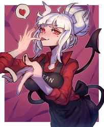 Rule 34 | 1girl, apron, black apron, blush, chocolate on hand, closed mouth, cowboy shot, demon girl, demon horns, demon tail, denim, food on hand, foreshortening, from above, heart, helltaker, highres, horns, jeans, licking, long hair, looking at viewer, lucifer (helltaker), mole, mole under eye, nijimaarc, pants, ponytail, red background, red eyes, red shirt, shirt, smile, solo, spoken heart, tail, white hair
