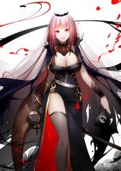 Rule 34 | 1girl, absurdres, black dress, black thighhighs, breasts, cleavage, crown, death-sensei (mori calliope), dress, highres, hololive, hololive english, holomyth, large breasts, long hair, meoniac, mori calliope, pink eyes, pink hair, scythe, smile, spikes, thighhighs, tiara, veil, virtual youtuber, white background