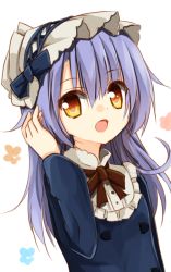 Rule 34 | 1girl, :o, arm up, blue coat, bow, brown eyes, brown ribbon, coat, collar, frilled collar, frills, hair between eyes, hand in own hair, long hair, long sleeves, looking at viewer, neck ribbon, open mouth, original, purple hair, ribbon, simple background, solo, tareme, upper body, white background, yuuhagi (amaretto-no-natsu)