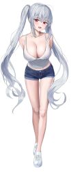 Rule 34 | 1girl, absurdres, ahoge, arms behind back, bare legs, bare shoulders, blue shorts, breasts, camisole, cleavage, collarbone, denim, denim shorts, doggo34476335, full body, highres, large breasts, leaning forward, long hair, looking at viewer, midriff, no socks, open mouth, original, red eyes, shirt, shoes, short shorts, shorts, sidelocks, sleeveless, sleeveless shirt, smile, sneakers, solo, standing, thighs, twintails, very long hair, white footwear, white hair, white shirt