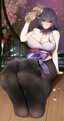 Rule 34 | 1girl, breasts, cherry blossoms, cleavage, feet, genshin impact, highres, large breasts, light blush, long hair, looking at viewer, pantyhose, parted lips, purple eyes, raiden shogun, sandals, unworn sandals, shoes, single shoe, soles, steam, toes, wd (1106592840)