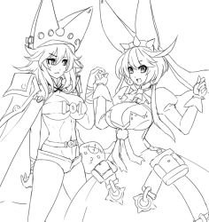 Rule 34 | 2girls, :d, belt bra, breasts, cape, cleavage, cleavage cutout, clothing cutout, dress, elphelt valentine, eu03, gloves, greyscale, guilty gear, guilty gear xrd, hat, large breasts, monochrome, multiple girls, navel, open mouth, ramlethal valentine, short hair, short shorts, shorts, siblings, simple background, sisters, sketch, smile, underboob, white background