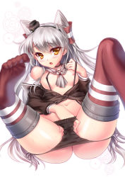 Rule 34 | 10s, 1girl, amatsukaze (kancolle), bad id, bad pixiv id, black panties, blush, breasts, choker, clothes pull, female masturbation, fingering, hair tubes, kantai collection, long hair, looking at viewer, masturbation, navel, nipples, no pants, open mouth, panties, panty pull, s-yin, shirt pull, side-tie panties, silver hair, small breasts, solo, spread legs, striped clothes, striped thighhighs, sweat, tears, thighhighs, two side up, underwear, yellow eyes