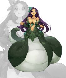 Rule 34 | 1girl, absurdres, breasts, closed mouth, fingernails, full body, green nails, green scales, hair ornament, highres, lamia, large breasts, long hair, looking at viewer, monster girl, navel, original, purple eyes, scales, shitoi (aqua1487), smile, solo, tongue, tongue out, white background, zoom layer
