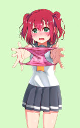 Rule 34 | 1girl, absurdres, blush, cowboy shot, green background, green eyes, grey sailor collar, grey skirt, highres, holding, holding clothes, holding panties, holding underwear, igarashi kyouhei, kurosawa ruby, looking at viewer, love live!, love live! sunshine!!, miniskirt, necktie, open mouth, panties, pleated skirt, presenting removed panties, pussy juice, red hair, sailor collar, school uniform, serafuku, shirt, simple background, skirt, solo, standing, twintails, two side up, underwear, wet, wet clothes, wet panties, white shirt, yellow necktie