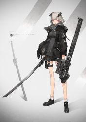 Rule 34 | 1girl, a-z b (neco), also sprach zarathustra (neco), belt, coat, dual wielding, full body, highres, holding, looking at viewer, neco, original, parted lips, pink eyes, pleated skirt, silver hair, skirt, socks, solo, standing, sword, thigh strap, trigger discipline, weapon, white socks