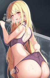 Rule 34 | 1girl, absurdres, ass, back, blonde hair, blush, breath, curvy, hair between eyes, highres, kitagawa marin, long hair, looking back, mitty7, open mouth, panties, panty pull, railing, red eyes, sono bisque doll wa koi wo suru, steam, sweat, sweaty clothes, underwear, wedgie