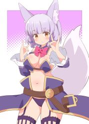 Rule 34 | 1girl, animal ear fluff, animal ears, blush, bow, commentary request, detached collar, double fox shadow puppet, fox ears, fox girl, fox shadow puppet, fox tail, garter belt, highres, long hair, looking at viewer, machikado mazoku, navel, panties, parted lips, pink bow, pon sugar, purple hair, purple panties, riko (machikado mazoku), solo, tail, underwear, wide sleeves, yellow eyes