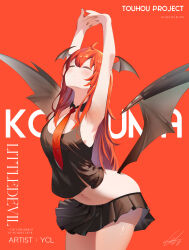 Rule 34 | 1girl, absurdres, ahoge, alternate costume, armpits, arms up, artist name, ass, black collar, black skirt, black tank top, black wings, blush, breasts, character name, closed eyes, closed mouth, collar, commentary, copyright name, cowboy shot, demon girl, demon wings, detached collar, hair between eyes, head wings, highres, koakuma, leaning forward, long hair, low wings, medium breasts, microskirt, navel, necktie, own hands together, pleated skirt, red background, red hair, red necktie, signature, skirt, solo, stomach, stretching, tank top, thighs, touhou, wing collar, wings, ycl 090