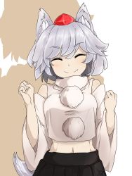 Rule 34 | 1girl, animal ears, bare shoulders, blush, closed eyes, closed mouth, fang, fang out, hat, highres, inubashiri momiji, pom pom (clothes), red eyes, simple background, smile, solo, tail, tokin hat, touhou, tyouseki, white hair, wolf ears, wolf tail