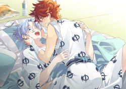 Rule 34 | 2boys, blue eyes, blue hair, bottle, cellphone, chips (food), closed eyes, food, hasegawa langa, highres, japanese clothes, kyan reki, male focus, mattress, multiple boys, open mouth, phone, pillow, potato chips, red hair, short hair, sk8 the infinity, smartphone, smile, teeth, uppi, water bottle, yaoi