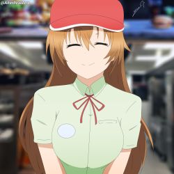 Rule 34 | 1girl, absurdres, alter real zero, artist name, artist request, blurry, blurry background, blush, breasts, brown hair, close-up, closed eyes, collared shirt, female focus, green shirt, hair between eyes, hat, highres, konoe kanata, long hair, looking at viewer, love live!, love live! nijigasaki high school idol club, medium breasts, neck ribbon, parted lips, peaked cap, red hat, red ribbon, ribbon, shirt, short sleeves, smile, solo
