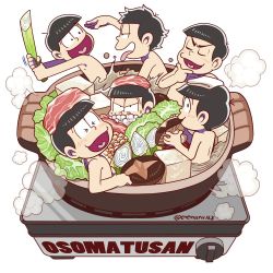Rule 34 | &gt; &lt;, 10s, 6+boys, :d, air bubble, beef, biting, black hair, blush, bowl cut, brothers, bubble, closed eyes, copyright name, cube, enerunaru, food, food on head, heart, heart in mouth, hotpot, in container, lettuce, male focus, matsuno choromatsu, matsuno ichimatsu, matsuno jyushimatsu, matsuno karamatsu, matsuno osomatsu, matsuno todomatsu, meat, messy hair, mini person, miniboy, multiple boys, mushroom, nude, object on head, open mouth, osomatsu-kun, osomatsu-san, oversized object, partially submerged, pot, sextuplets, shiitake, siblings, smile, steam, stove, sweatdrop, tofu, tongue, tongue out, towel, towel on head, twitter username, xd
