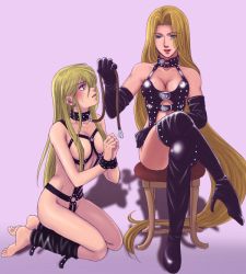 Rule 34 | 1990s (style), 2girls, barbariccia, barefoot, bdsm, blonde hair, blue eyes, blush, bondage, bondage outfit, boots, bound, breasts, cain highwind, chair, cleavage, collar, dominatrix, elbow gloves, femdom, final fantasy, final fantasy iv, genderswap, genderswap (mtf), gloves, high heel boots, high heels, kneeling, large breasts, leash, long hair, multiple girls, retro artstyle, sitting, slave, soranokaze15, square enix, sweat, thigh boots, thighhighs, very long hair, yuri