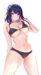 Rule 34 | 1girl, bad id, bad pixiv id, bikini, bikini pull, bikini top only, black bikini, braid, breasts, cleavage, closed mouth, clothes pull, collarbone, covered erect nipples, flower, genshin impact, hair flower, hair ornament, highres, large breasts, long hair, looking at viewer, low-braided long hair, low-tied long hair, mole, mole under eye, nail polish, navel, niduannowu, pulled by self, purple eyes, purple flower, purple hair, purple nails, raiden shogun, simple background, solo, swimsuit, wet, white background