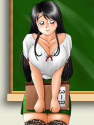 Rule 34 | 1girl, black hair, blouse, blush, breasts, breasts squeezed together, brown eyes, chalkboard, classroom, cleavage, glasses, green skirt, happy, huge breasts, indoors, lace, lace-trimmed legwear, lace trim, large breasts, lipstick, long hair, looking at viewer, makeup, miniskirt, notebook, parted bangs, round eyewear, school, seastone, shirt, skirt, smile, solo, teacher, thighhighs, zettai ryouiki