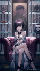 Rule 34 | 1girl, apple, armchair, black choker, black hair, breasts, canvas (object), chain, chair, choker, closed mouth, collarbone, commentary request, copyright notice, copyright request, crossed legs, cuffs, doll, dress, easel, food, fruit, globe, glowing, glowing eyes, grey eyes, hair between eyes, haizome senri, head in hand, head rest, high heels, highres, indoors, mask, medium breasts, nail polish, off-shoulder dress, off shoulder, official art, on chair, paintbrush, pocket watch, red apple, shoes, short hair, sitting, smile, solo, thigh strap, toenail polish, toenails, watch, watermark, white dress, white footwear, white nails