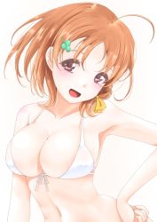 Rule 34 | 10s, 1girl, :d, ahoge, areola slip, armpits, bare arms, bare shoulders, bikini, bikini top only, blush, breasts, cleavage, frapowa, front-tie bikini top, front-tie top, hair ribbon, hand on own hip, head tilt, looking at viewer, love live!, love live! sunshine!!, medium breasts, navel, open mouth, orange hair, parted bangs, pink eyes, ribbon, short hair, simple background, smile, solo, solor, standing, swimsuit, takami chika, tareme, white background, white bikini, white ribbon, yellow ribbon