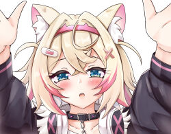 Rule 34 | 1girl, animal ear fluff, animal ears, blonde hair, blue eyes, blush, cropped shirt, dog ears, dog girl, ebiko yaki, fur-trimmed jacket, fur trim, hair ornament, headphones, headphones around neck, highres, hololive, hololive english, jacket, looking at viewer, medium hair, mococo abyssgard, mococo abyssgard (1st costume), multicolored hair, open mouth, pink hair, shirt, solo, streaked hair, teeth, upper teeth only, virtual youtuber, white shirt, x hair ornament