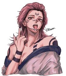 Rule 34 | 1girl, arm tattoo, commentary request, extra eyes, facial tattoo, genderswap, genderswap (mtf), highres, japanese clothes, jujutsu kaisen, kimono, long hair, looking at viewer, red eyes, red hair, rose 00291, ryoumen sukuna (jujutsu kaisen), signature, simple background, tagme, tattoo, tongue, tongue out, white background