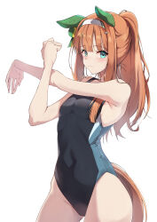 Rule 34 | 1girl, absurdres, alternate costume, animal ears, armpits, blue eyes, blunt bangs, blush, breasts, clenched hand, closed mouth, competition swimsuit, groin, hair ornament, headband, highres, horse ears, looking at viewer, one-piece swimsuit, pandoa (mikage0495), ponytail, silence suzuka (umamusume), simple background, small breasts, stretching, sweat, swimsuit, umamusume, white background