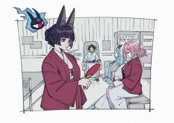 1boy 3girls animal_ear_fluff animal_ears asaba_harumasa bath_yukata black_hair blue_horns blue_oni blue_skin blunt_bangs braid braided_bun closed_eyes colored_skin fox_ears fox_girl glasses hair_between_horns hair_bun hanten_(clothes) horns hoshimi_miyabi hourglass_earrings japanese_clothes kimono massage_chair multicolored_horns multiple_girls offnanoda oni paddle pink_hair red_eyes sitting skin-covered_horns slippers soukaku_(zenless_zone_zero) table_tennis table_tennis_net table_tennis_paddle tsukishiro_yanagi two-tone_horns vending_machine yukata zenless_zone_zero