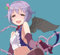 Rule 34 | 10s, 1girl, :d, animal collar, aqua background, bad id, bad pixiv id, bare shoulders, black wings, blush, breasts, brown eyes, chain, cleavage cutout, clothing cutout, collar, crop top, cuffs, elbow gloves, feathered wings, gloves, hair flaps, hair ornament, hairclip, heart, heart cutout, idolmaster, idolmaster cinderella girls, koshimizu sachiko, looking at viewer, midriff, open mouth, pinstripe pattern, purple hair, short hair, sideboob, small breasts, smile, solo, sparkle, sparkling eyes, striped, wings, yuuki (irodo rhythm)