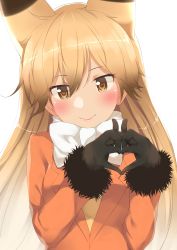 Rule 34 | 10s, 1girl, :&gt;, absurdres, animal ears, backlighting, black gloves, black hair, blazer, blonde hair, blush, brown eyes, brown hair, closed mouth, commentary request, double fox shadow puppet, ezo red fox (kemono friends), fox ears, fox shadow puppet, gloves, go-1, gradient hair, hair between eyes, heart, heart hands, highres, interlocked fingers, jacket, kemono friends, light brown hair, long hair, long sleeves, looking at viewer, multicolored hair, necktie, own hands together, simple background, smile, solo, upper body, white background