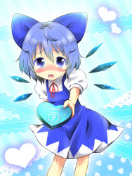 Rule 34 | 1girl, bad id, bad pixiv id, blue eyes, blue hair, blush, bow, cirno, embarrassed, hair bow, heart, highres, incoming gift, leaning forward, matching hair/eyes, open mouth, solo, touhou, uta (kuroneko), valentine, wings