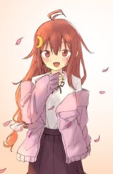 Rule 34 | 1girl, ahoge, brown skirt, crescent, crescent hair ornament, hair between eyes, hair ornament, highres, kantai collection, long sleeves, open mouth, petals, pink sweater, pleated skirt, po0000000000, red eyes, red hair, shirt, skirt, sleeves past wrists, sweater, uzuki (kancolle), white shirt