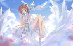 Rule 34 | 1girl, :d, ahoge, blue sky, blunt bangs, blush, breasts, brown hair, cardcaptor sakura, clamp (circle) (style), cloud, collar, commentary, crown, day, diamond (shape), dress, eyelashes, feathered wings, flying, full body, gloves, green eyes, hair intakes, highres, holding, holding staff, kikistark, kinomoto sakura, knees up, legs, looking at viewer, magical girl, mini crown, open mouth, outdoors, romaji commentary, short hair, sky, small breasts, smile, solo, staff, star (symbol), white collar, white dress, white footwear, white gloves, white wings, wing ornament, wings