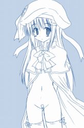 Rule 34 | 1girl, akane souichi, bandaid, bandaid on pussy, blush, bottomless, buttons, cape, hat, large buttons, little busters!, long hair, looking at viewer, monochrome, no panties, noumi kudryavka, solo, standing, thighhighs