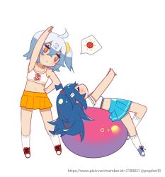 Rule 34 | 2girls, = =, ahoge, arm up, ball, bare arms, bare shoulders, bili girl 22, bili girl 33, bilibili, blue eyes, blue hair, blue skirt, blush, closed eyes, closed mouth, collarbone, crop top, exercise ball, hair between eyes, hair ornament, hand on own hip, kneehighs, leaning to the side, lying, midriff, multiple girls, navel, on back, orange skirt, outstretched arms, pink hair, pleated skirt, profile, prophet chu, puffy short sleeves, puffy sleeves, red footwear, shirt, shoes, short sleeves, simple background, skirt, sneakers, socks, spoken object, standing, stretching, sun symbol, tank top, white background, white legwear, white shirt