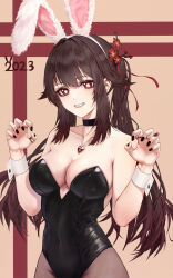 Rule 34 | 1girl, 2023, animal ears, bare shoulders, black choker, black leotard, black nails, black pantyhose, breasts, brown background, brown hair, chinese zodiac, choker, claw pose, cleavage, collarbone, commentary, covered navel, ddsssaaa, fake animal ears, flower, flower-shaped pupils, genshin impact, grin, groin, hair flaps, hair flower, hair ornament, hair ribbon, hairband, hands up, heart, heart necklace, highleg, highleg leotard, highres, hu tao (genshin impact), jewelry, leotard, long hair, looking at viewer, medium breasts, nail polish, necklace, new year, pantyhose, parted lips, pendant, playboy bunny, plum blossoms, rabbit ears, red eyes, red flower, red ribbon, ribbon, ring, sidelocks, simple background, smile, solo, strapless, strapless leotard, symbol-shaped pupils, teeth, twintails, two-tone background, white hairband, white wrist cuffs, wrist cuffs, year of the rabbit