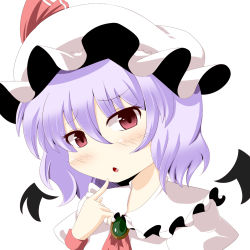 Rule 34 | 1girl, :o, bad id, bad pixiv id, bat wings, detached wings, dress, fang, female focus, hat, meracle, mini wings, pointing, purple hair, red eyes, remilia scarlet, ribbon, solo, touhou, white background, wings