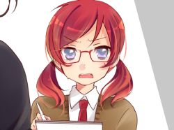 Rule 34 | 10s, 1girl, alternate hairstyle, bad id, bad twitter id, bespectacled, blush, glasses, love live!, love live! school idol project, nishikino maki, open mouth, portrait, purple eyes, puzsan, red-framed eyewear, red hair, short hair, short twintails, solo, sweater, twintails