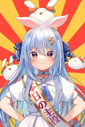 Rule 34 | 1girl, belt, birthday sash, blue hair, blue ribbon, blush, carrot hair ornament, choker, closed mouth, commentary request, creature on head, dress, eyes visible through hair, food-themed hair ornament, hair between eyes, hair ornament, hair ribbon, highres, hololive, long hair, looking at viewer, magowasabi, neckerchief, pekomon (usada pekora), puffy short sleeves, puffy sleeves, rabbit-shaped pupils, red eyes, ribbon, sailor collar, sash, short sleeves, shoulder sash, signature, simple background, smile, solo, symbol-shaped pupils, translated, twitter username, two side up, upper body, usada pekora, usada pekora (casual), virtual youtuber, white belt, white choker, white dress, white neckerchief, white sailor collar
