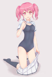 Rule 34 | 1girl, absurdres, azusa (sukumizuya), bang dream!, black socks, clothes lift, competition school swimsuit, grey socks, highres, kneeling, lifting own clothes, looking at viewer, maruyama aya, one-piece swimsuit, open mouth, pink eyes, pink hair, pleated skirt, school swimsuit, school uniform, serafuku, shirt lift, short hair, simple background, skirt, socks, solo, swimsuit, twintails, undressing, white skirt
