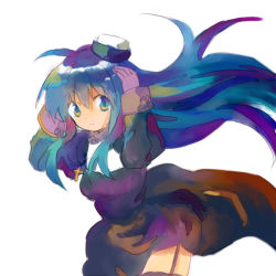 Rule 34 | 1girl, aqua eyes, aqua hair, bad id, bad pixiv id, black dress, blue hair, character request, cowboy shot, cross, cross necklace, dress, garter straps, hat, jewelry, leaning forward, long hair, looking at viewer, multicolored hair, necklace, nun, photoshop (medium), ragnarok online, shatiko, simple background, solo, standing, thighhighs, two-tone hair, white background, wind, wind lift