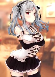 Rule 34 | 1girl, bare shoulders, black ribbon, black skirt, black thighhighs, blurry, blurry background, breasts, center opening, cleavage, commentary request, cowboy shot, crossed arms, depth of field, detached collar, detached sleeves, frilled skirt, frills, frown, hair ribbon, haru (re ilust), headdress, highres, long hair, long sleeves, looking at viewer, medium breasts, miniskirt, neck ribbon, original, pleated skirt, red eyes, ribbon, shirt, sidelocks, silver hair, skirt, solo, standing, thighhighs, twintails, white shirt, zettai ryouiki