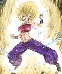 Rule 34 | 10s, 1girl, amania orz, aura, baggy pants, bare shoulders, blonde hair, breasts, caulifla, crop top, dated, dragon ball, dragon ball super, electricity, green eyes, grin, impossible clothes, large breasts, midriff, navel, pants, purple pants, smile, solo, spiked hair, super saiyan, super saiyan 2, tube top, twitter username, wristband