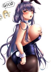 Rule 34 | 3104 (3104milkshake), 3girls, adjusting clothes, adjusting leotard, animal ears, armpits, ass, azuma (azur lane), azur lane, back, backless leotard, backless outfit, bare arms, bare shoulders, blue hair, blush, grabbing another&#039;s breast, breast press, breasts, brown eyes, covering privates, covering one breast, detached collar, fake animal ears, fake tail, fingernails, flying sweatdrops, grabbing, hair between eyes, hair ornament, hair ribbon, hairband, highleg, highleg leotard, highres, large breasts, leotard, lips, long hair, looking at viewer, looking back, low twintails, multiple girls, north carolina (azur lane), open mouth, pantyhose, playboy bunny, purple leotard, rabbit ears, rabbit tail, ribbon, simple background, skindentation, sleeveless, smile, sweatdrop, tail, twintails, washington (azur lane), white background, wrist cuffs