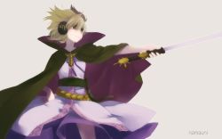 Rule 34 | 1girl, artist name, belt, blonde hair, brown eyes, cape, earmuffs, grey background, highres, looking to the side, namauni, no lineart, outstretched arm, pointing, pointing forward, shirt, simple background, skirt, smirk, solo, sword, touhou, toyosatomimi no miko, weapon