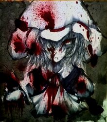 Rule 34 | 1girl, blood, blood on face, blood splatter, blood on clothes, bow, fang, hat, highres, looking at viewer, mob cap, photo (medium), red eyes, remilia scarlet, ribbon, savatario, shikishi, short hair, solo, spot color, touhou, traditional media