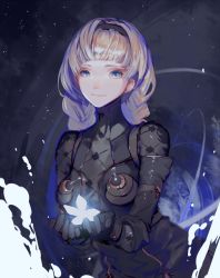 Rule 34 | 1girl, black gloves, blonde hair, blue eyes, flower, gloves, headband, holding, holding flower, looking at viewer, nier:automata, nier (series), operator 6o, riio, solo, standing